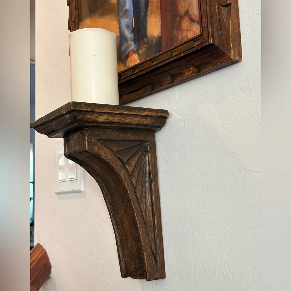 Rustic Carved Wood Brown Wall Shelf
